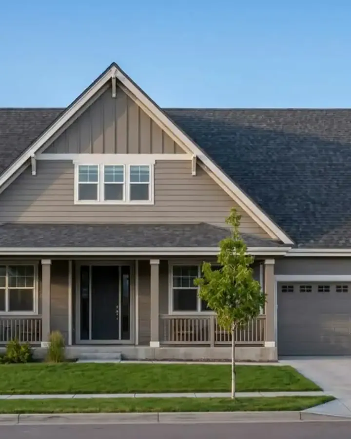 A two-story house with a newly shingled roof