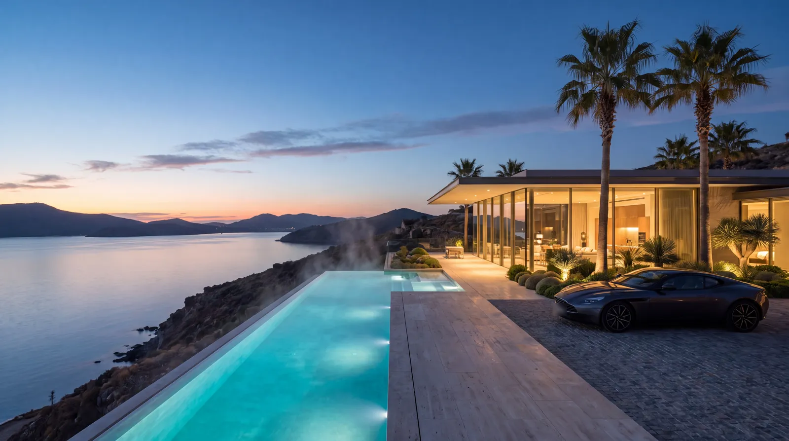A glass villa at dusk above a bay, with an infinity pool, palms, and a sports car on the paver drive